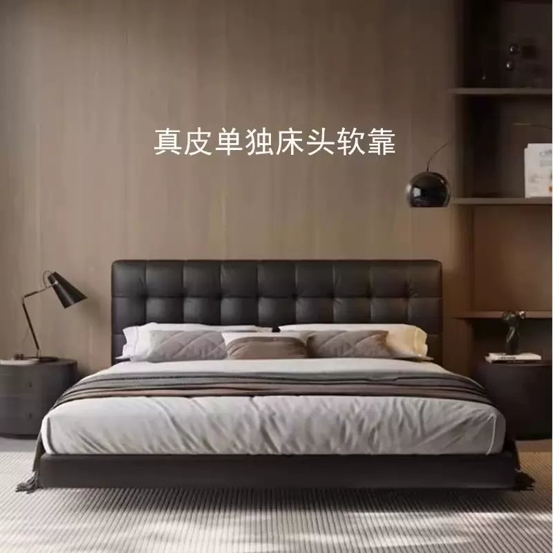法式复古华夫格床主卧真皮床意式头层牛皮黑色中古风床实木双人床