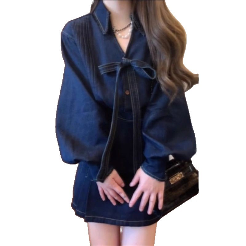 法式复古蝴蝶结衬衫牛仔裙套装女2025春休闲长袖外套+收腰a字半裙|undefined