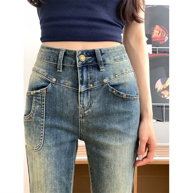 美式复古高腰微喇牛仔裤女大码夏季新款薄款修身显瘦马蹄喇叭裤子|undefined