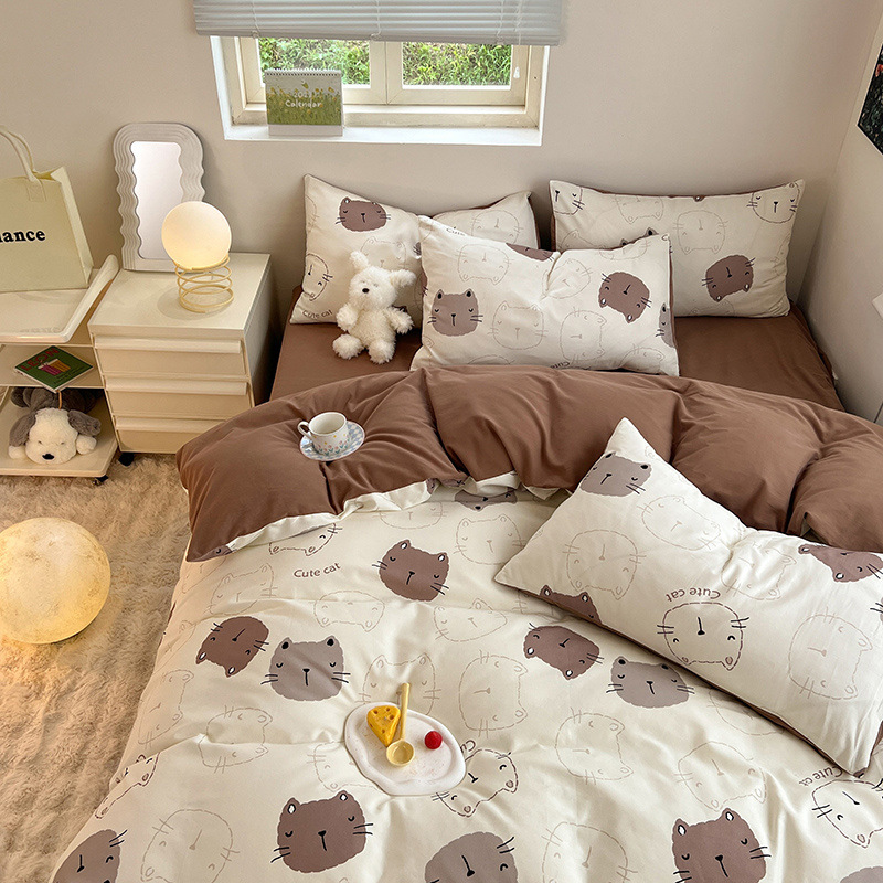 Juego de Ropa de Cama de Algodón Puro Cepillado 2024, Juego de Cuatro Piezas con Funda Nórdica, Sábana Bajera Ajustable, Juego de Tres Piezas para Dormitorio, Lujo Ligero de Invierno