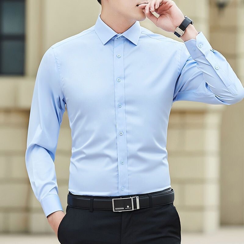 Stretch No-Iron Easy-Care Long-Sleeved Shirt for Men 2024 Summer New Stretch Business Workwear Thin Shirt Pure Color