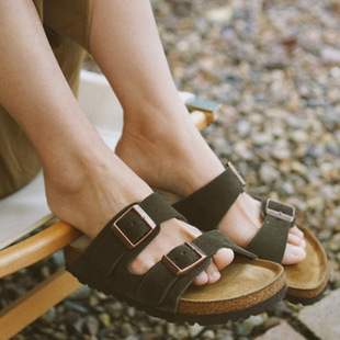 Cowhide Birkenstock Shoes Summer New Cork Thick-Soled Birkenstock Sandals Men's One-Line Sandals Women's Gray Green Suede Universal