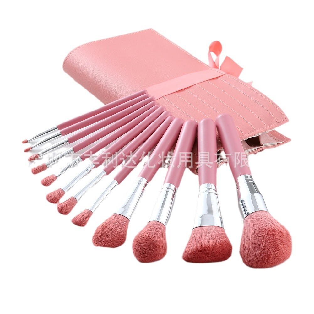 Fenglida-Juego de brochas de maquillaje con mango de madera, 12 piezas, brocha para polvos sueltos, brocha para sombra de ojos, embalaje de PU, brocha para colorete, herramientas de maquillaje de belleza