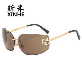 新款欧美大牌缪家太阳镜时尚女士个性字母miu墨镜无框百搭潮眼镜