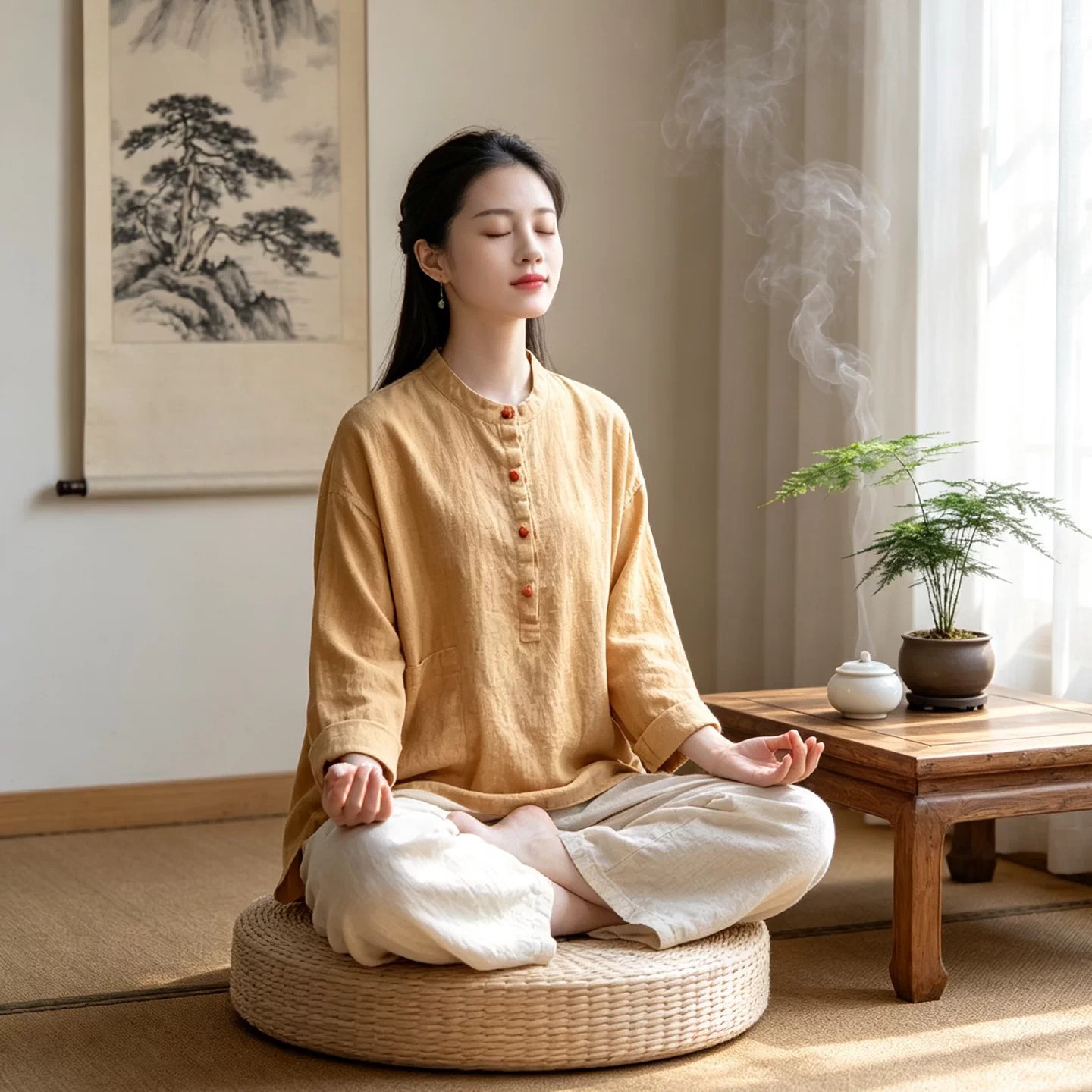 居士服2026新款女中式棉麻上衣禅意佛系女装修行打坐禅修服女套装