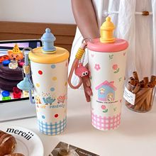创意大容量保温杯女生新款保冷咖啡杯便携带茶仓高颜值吸管水杯