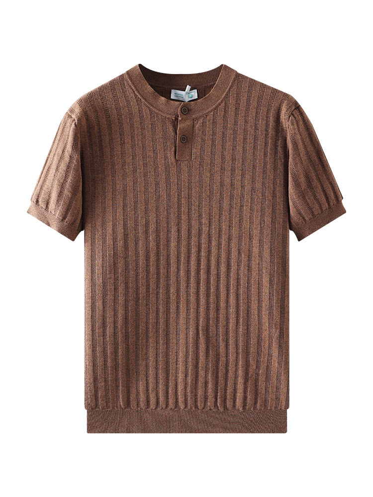 Hombres viejos viento Henry cuello de punto camiseta de hielo de seda de manga corta hombre de verano de negocios casual lujo ligero alto sentido de ropa de hombre
