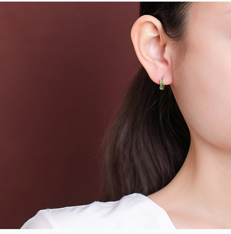 Bông tai ngọc bích Hetian tự nhiên bạc S925 mặt đá Jasper hình ống cong kiểu dáng giản dị — Mẫu bạc chi tiết 9