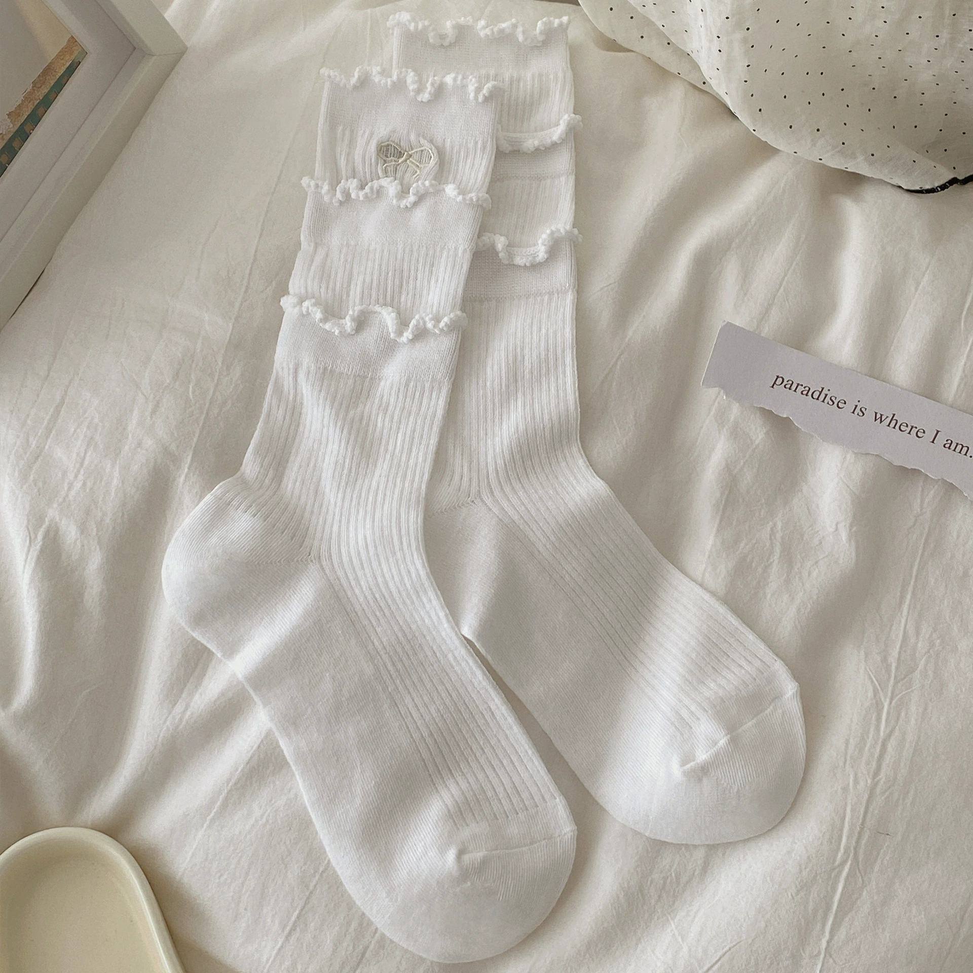 Breathable white summer thin knee socks, mid-length