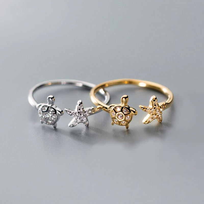 1 Piece Quantity Daily, Selfie Occasion Copper Material Cute Tortoise Star Copper Inlay Zircon Silver Plated Open Rings
