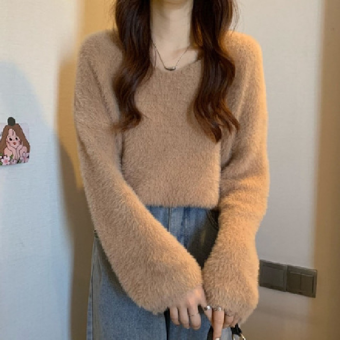 冬季新款女装温柔风气质针织毛衣女软糯风V领慵懒上衣宽松水貂毛|undefined