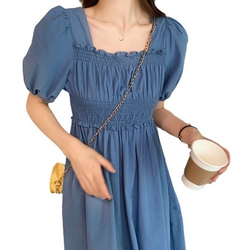Ins Gentle Clavicle Bubble Stitch Dress Women Summer French Style Medium Long Waist-Tightening Elegant Slimming Dress Women