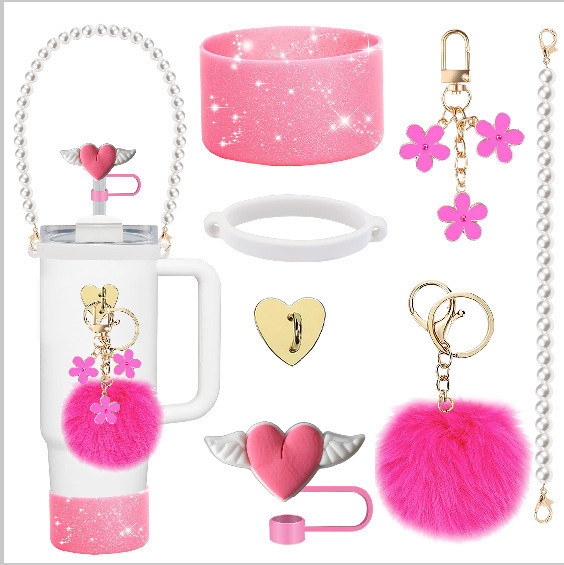 7pcs taza Stanley cuerda de mano colgante de silicona flor tapa de pajita bola de felpa colgante de copa cadena de taza de color