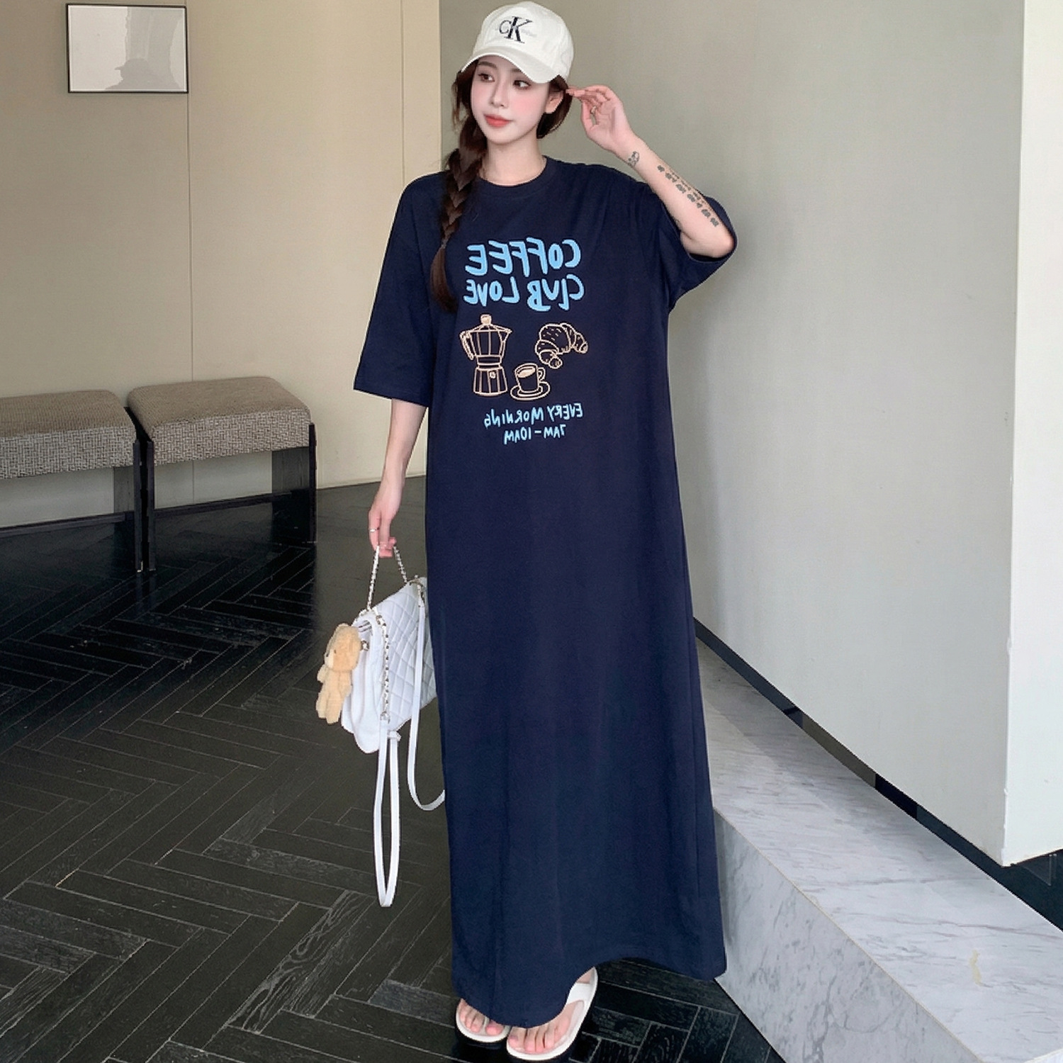 61085#实拍新款 夏季韩版短袖t恤连衣裙女宽松休闲绑带度假长裙