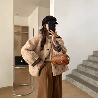 秋冬新品 韩版小香风纯色圆领舒适羊羔毛加厚保暖棉衣棉服单排扣