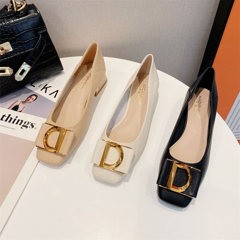 2023 summer new low-heeled solid color shallow mouth single shoes women's metal buckle Korean leather shoes women_voghion.com