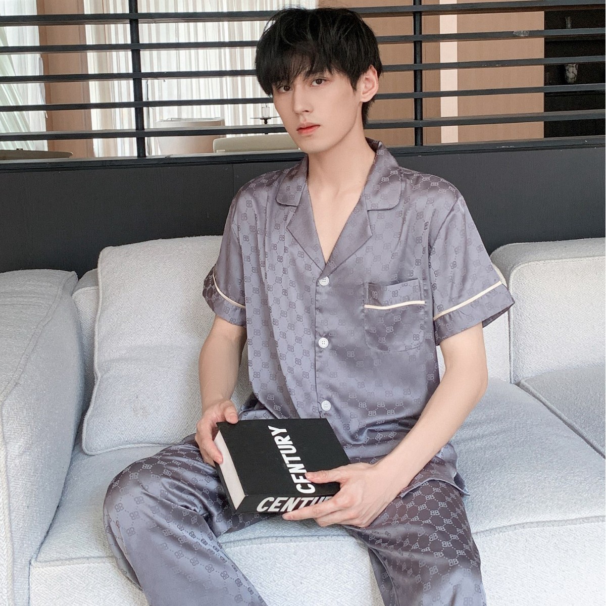 Ice Silk Summer Thin Cardigan Loose Plus Size Loungewear Fashion Casual Short Sleeve Long Pants Men's Ice Silk Pajamas