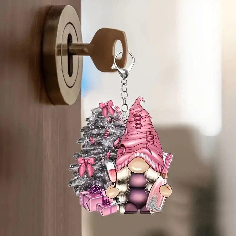 Encantador enano rosa con llavero acrílico de árbol navideño - regalos navideños para hombres, para automóviles