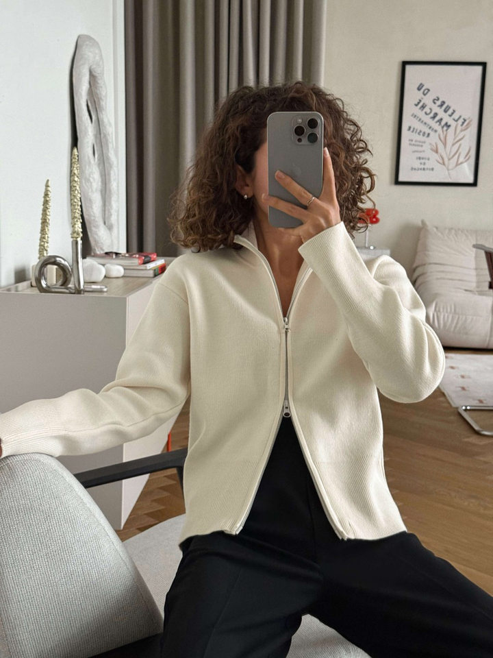 Áo khoác cardigan len dệt kim cổ đứng khóa kéo hai chiều dài tay — Màu nâu cà phê, Màu trắng, màu đen, màu đỏ chi tiết 2