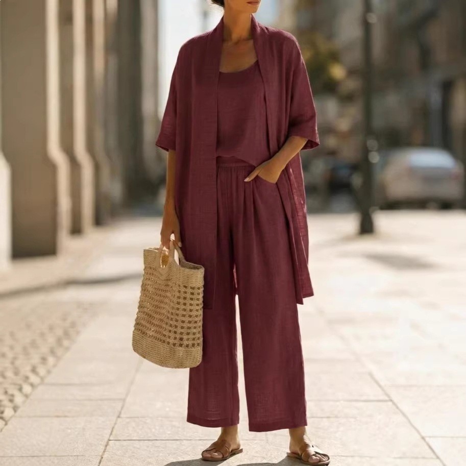 Women's Clothing Women's Solid Color Casual Suit Three Piece Set Loose Straight Style Summer For Formal & Casual For Women_ecoleips.com