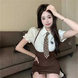 jk制服纯欲风炸街学院风泡泡袖套装女夏季吊带连衣裙甜辣包臀裙子