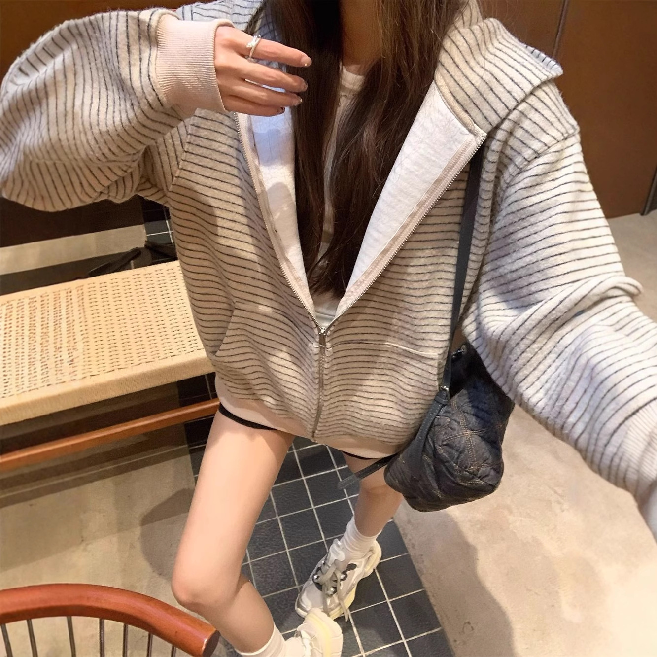 美式复古条纹开衫连帽卫衣女装2025秋季新款气质百搭宽松显瘦上衣