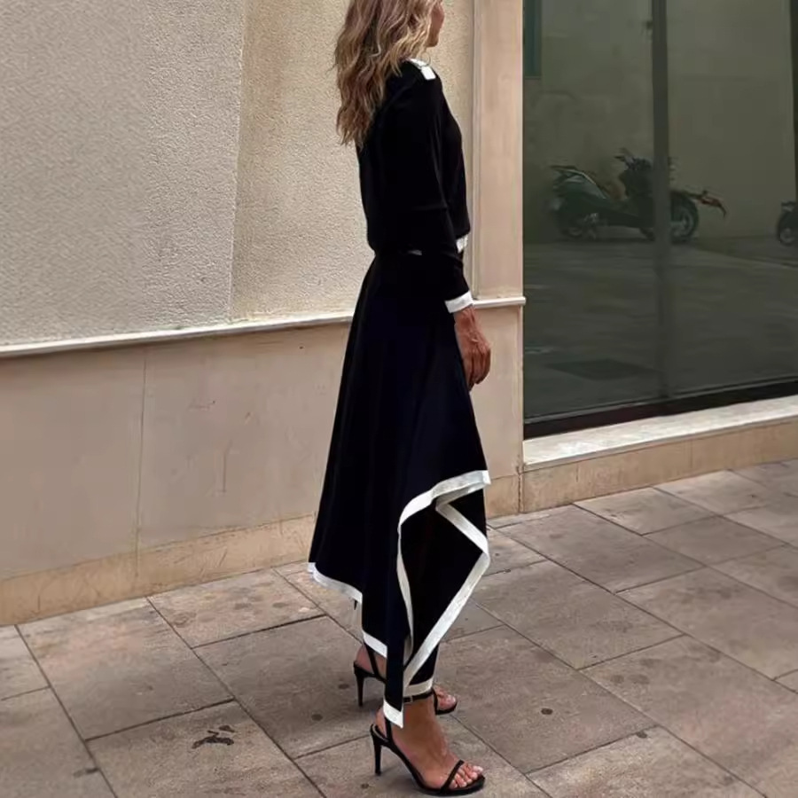 Sieviešu apģērbu pavasara un rudens neregulāras krāsas svārku komplekts ar garām piedurknēm_voghion.com