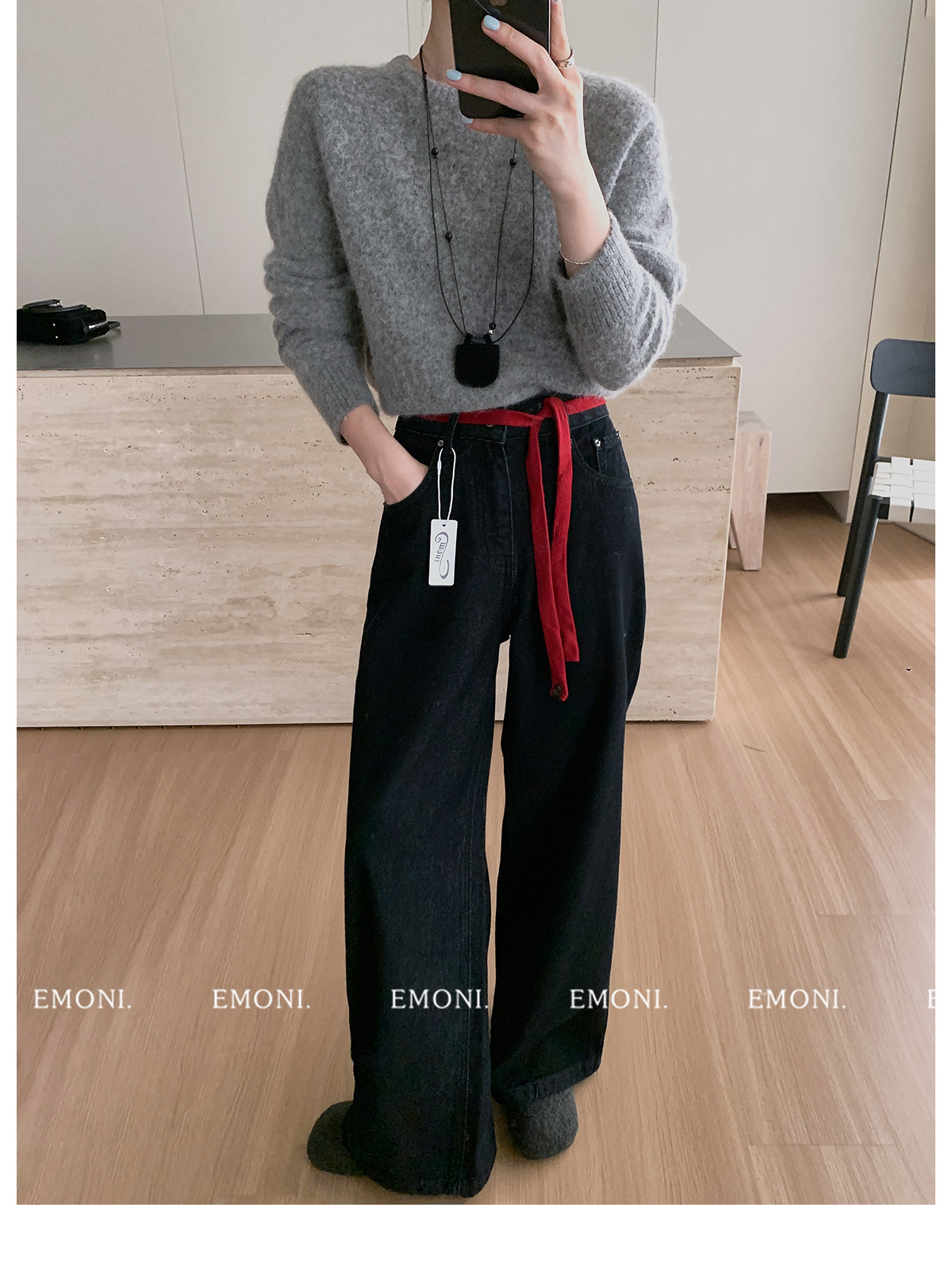 EMONI black and gold fleece jeans with belt for women 2024 Winter new Korean style straight-leg casual pants 63614 pic 8
