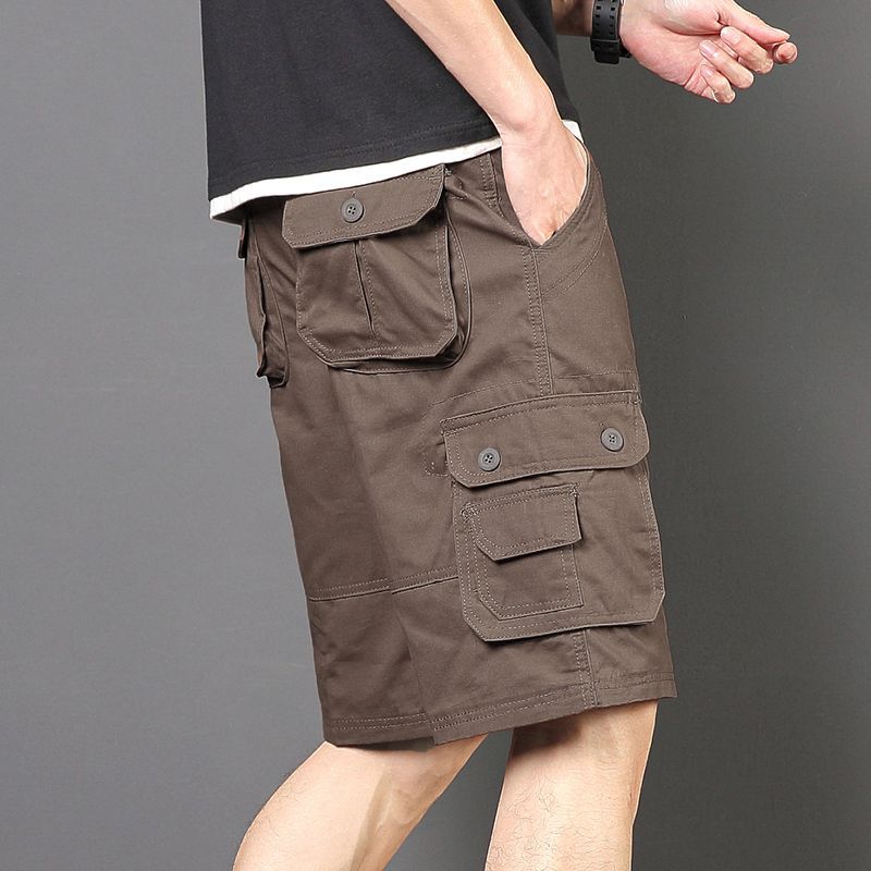 Plus tamaño pantalones medios pantalones cortos casuales de verano multi-bolsillo de los hombres sueltos rectos pantalones cortos de algodón lavado