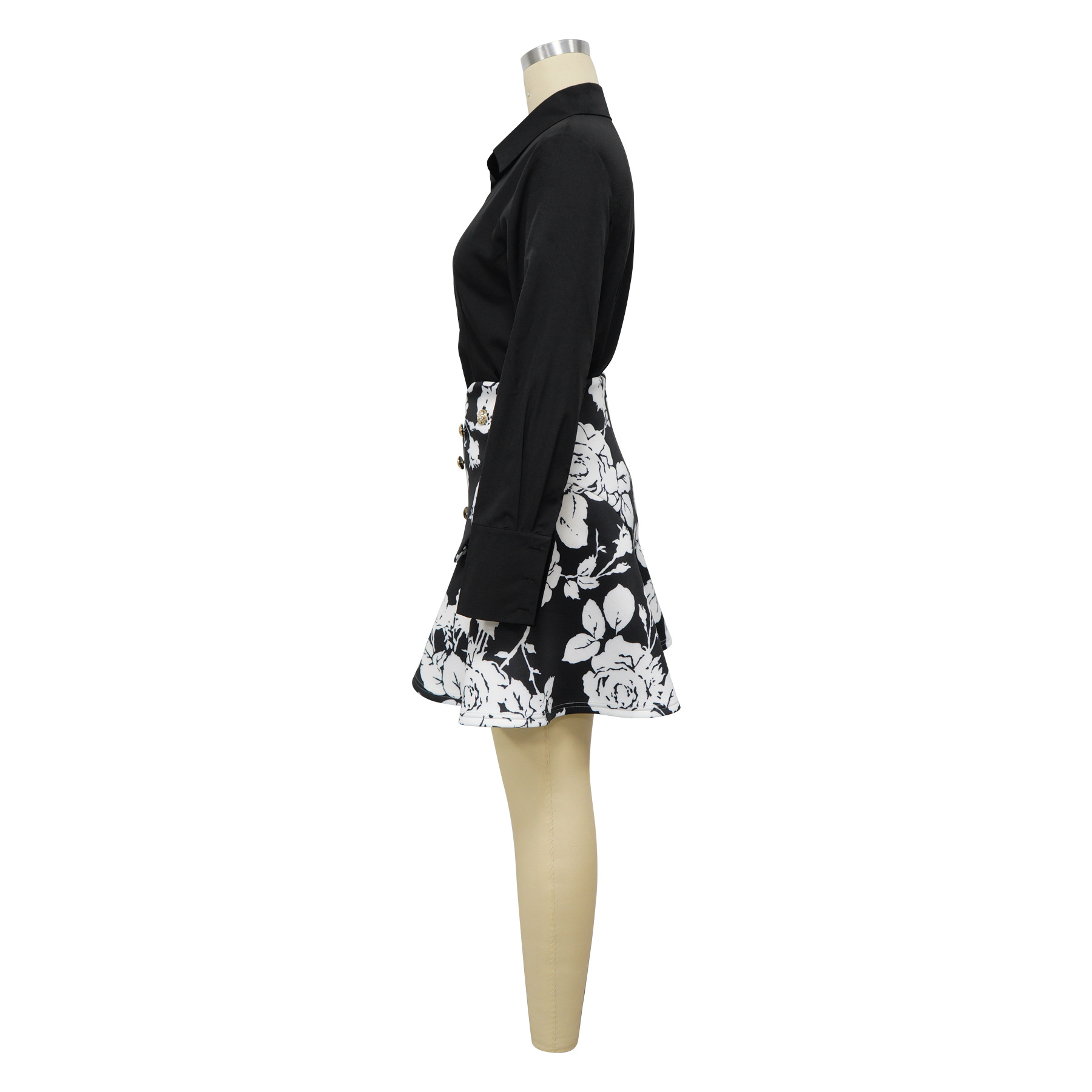 Women's Fashion Long Sleeved Collared Printed Skirt Set Waist Cinching Short_ecoleips.com