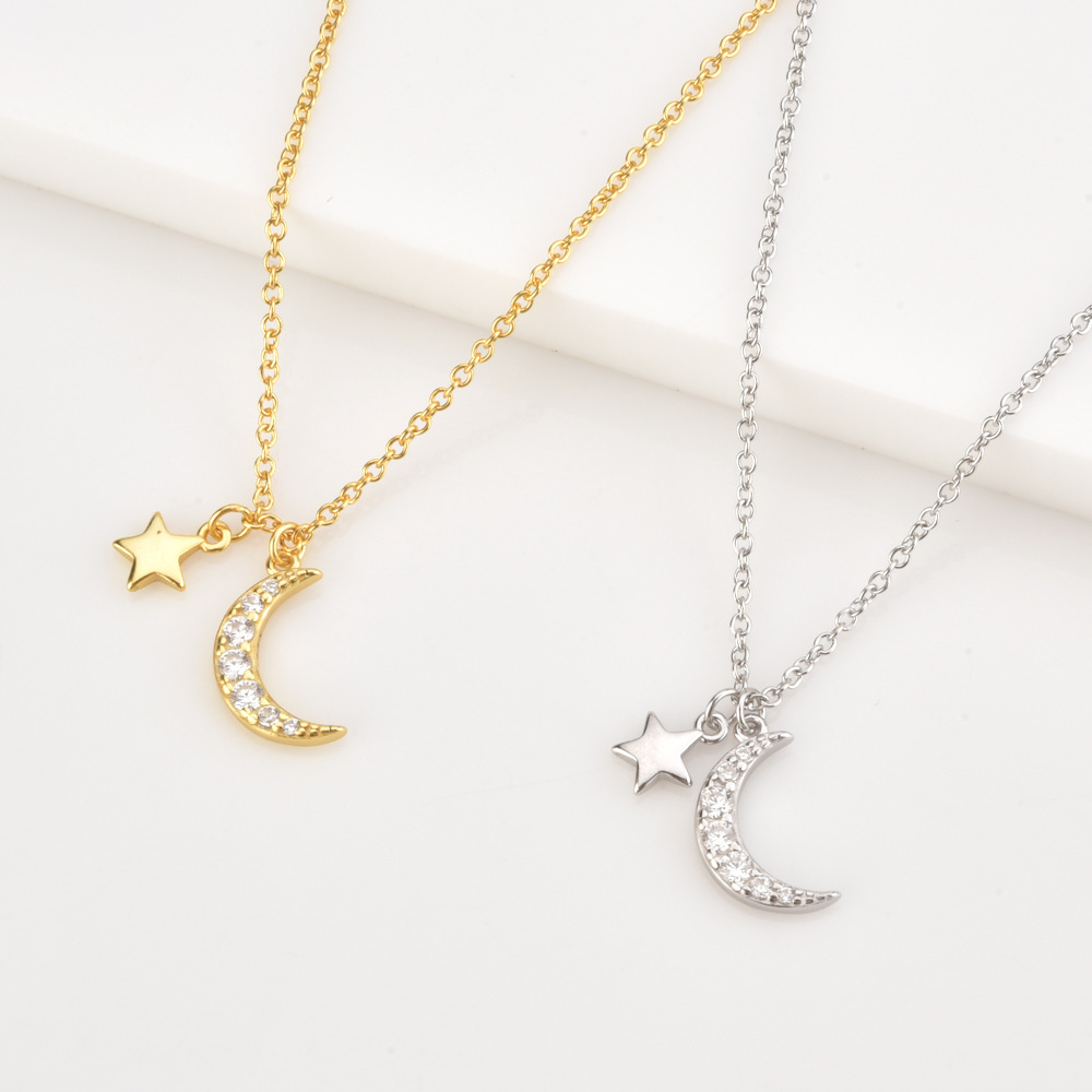 Electroplating Gold Plating Process 18K Real Gold Plated, Platinum Plated Plating Material 925 Sterling Silver Zircon Plating Inlay Star Moon Pendant Necklace