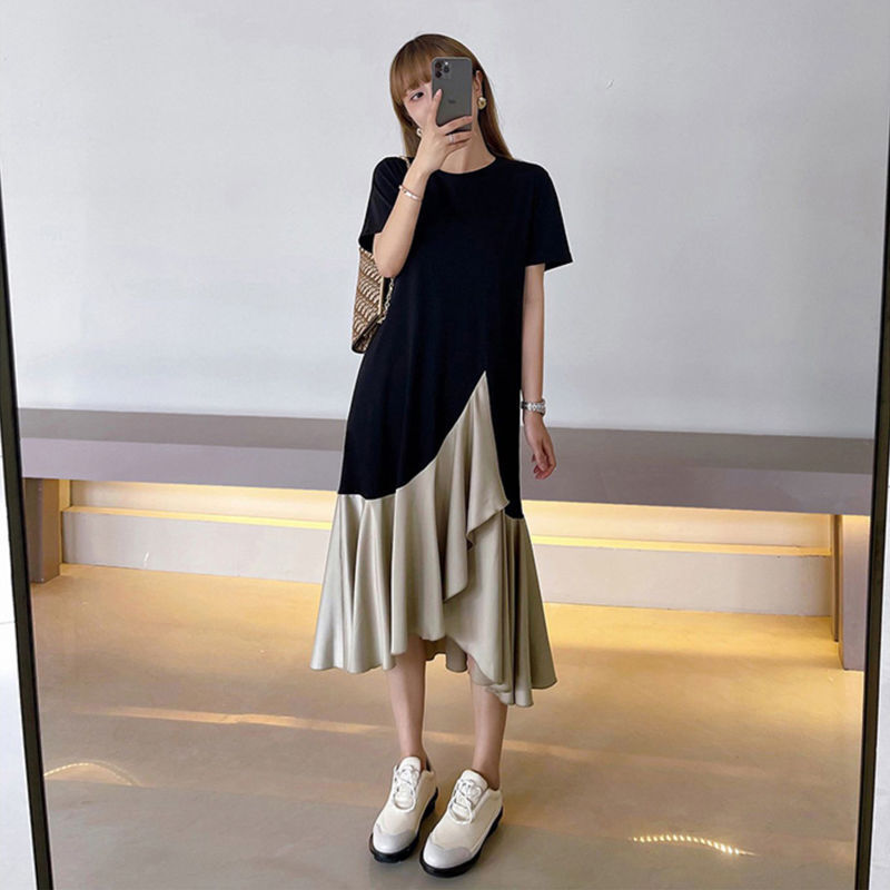 150kg FaT mm Dress Women's Summer ExTra Large Size Loose Slimming Look Fake Two-piece Splicing AsymmeTrical Over-The-knee T-shirT Long SkirT