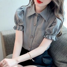 格子泡泡袖衬衫女夏季2024新款领小方格设计感法式短袖衫