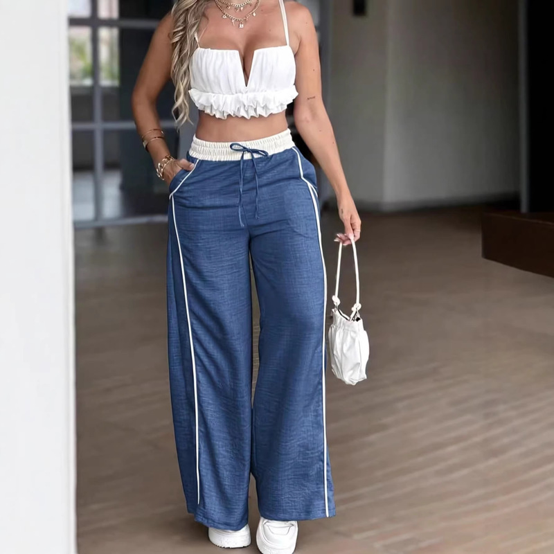 In-Stock Cross-Border Y2K Light Gray-Green Drawstring High-Waisted Wide-Leg Pants, European and American Style, Loose Casual Pants, Versatile for Spring and Summer
