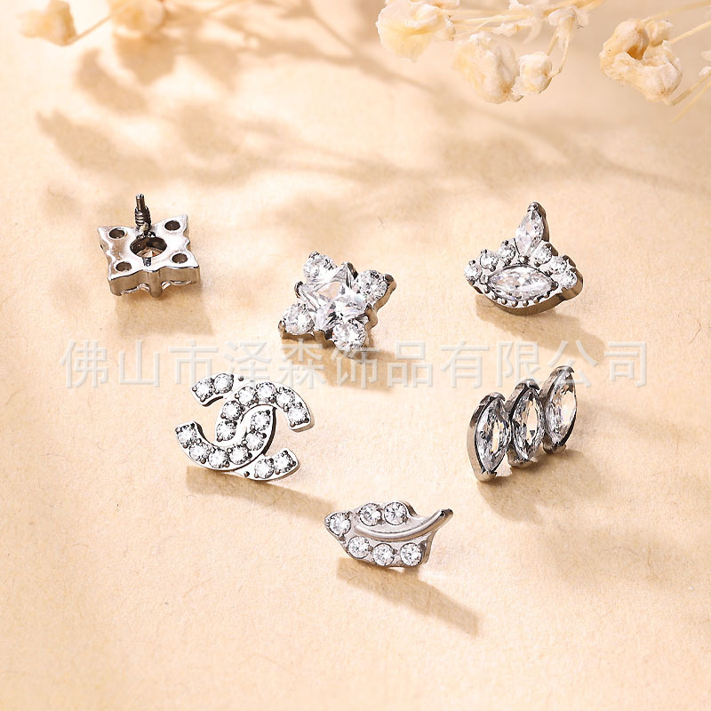 F136 Titanium Alloy Ear Studs, Finely Carved Zircon Ear Bone Studs, G23 Titanium Lip Studs, Body Piercing Jewelry detail image 9