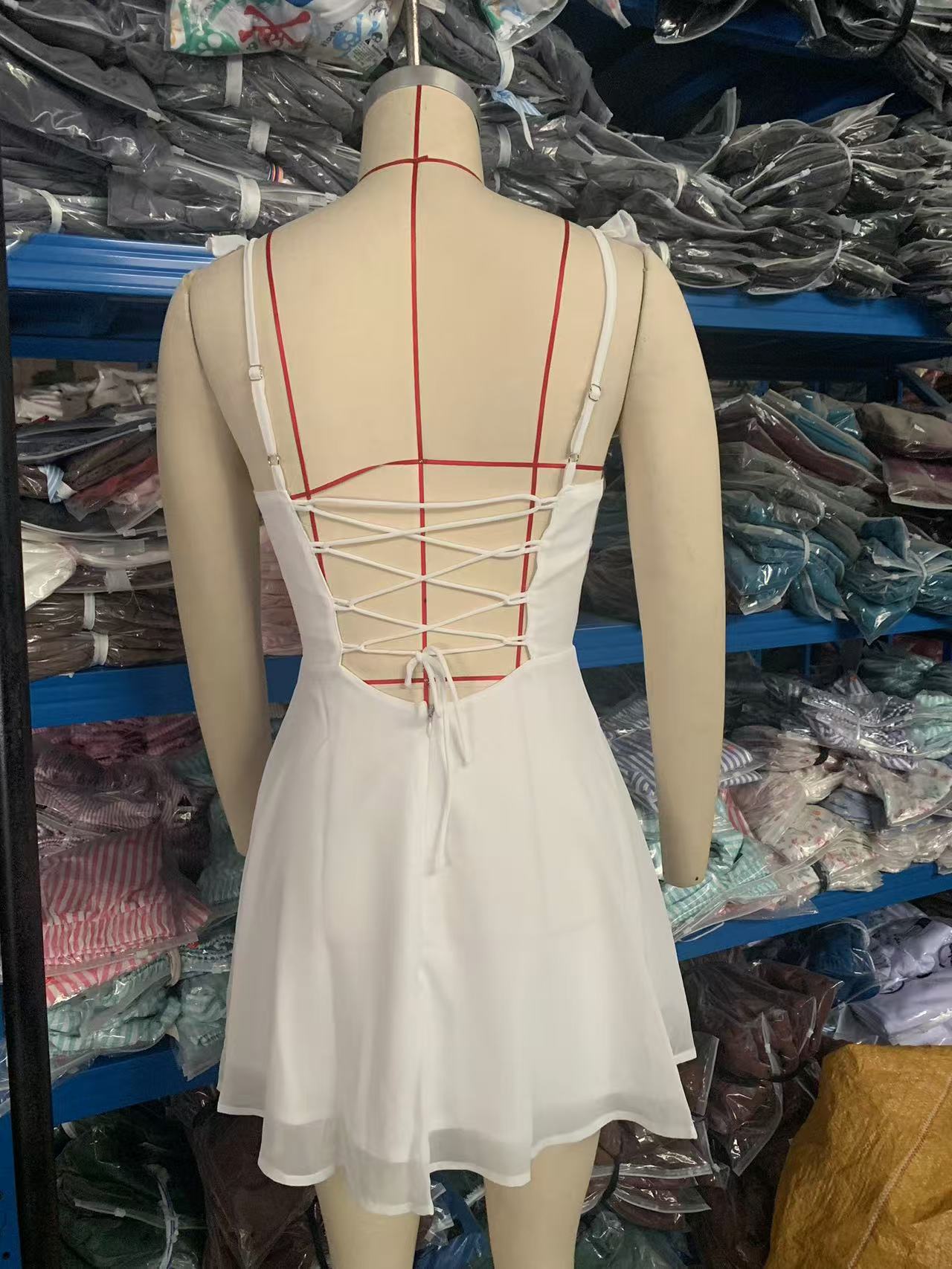 Spring Women Clothing Solid Color Chiffon Backless Thin Belt Dress Office