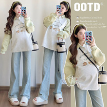 孕妇装春季潮妈时髦拼接上衣春秋季POLO领宽松大码百搭长袖T桖