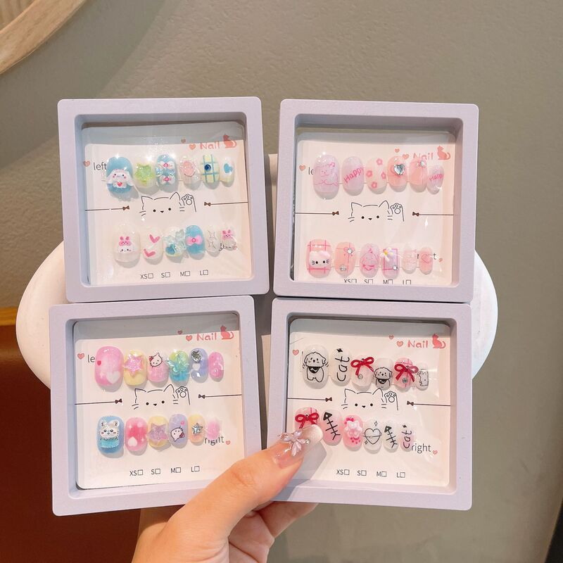 Children's Short Self-Adhesive High-End Mini Colorful Jelly Glue Cartoon Fake Nails for Girls
