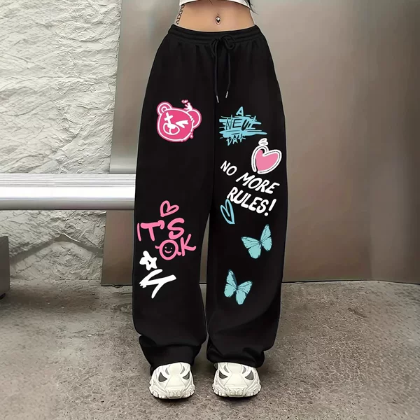 Women's Wide-Leg High-Waisted Adjustable Drawstring Pants, Casual Lightweight Gothic Print Wide-Leg Pants