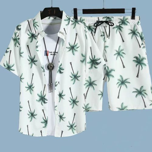 Men's Casual Set, Quick-Drying Hawaiian Beach Set, Men's Short-Sleeve Flower Shirt and Beach Shorts, Couple's Matching Two-Piece Set