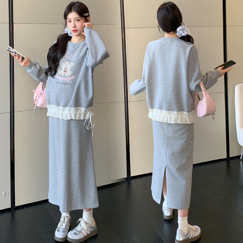 孕妇装秋季套装2025新款韩版卡通印花拼接蕾丝卫衣气质半裙两件套|undefined