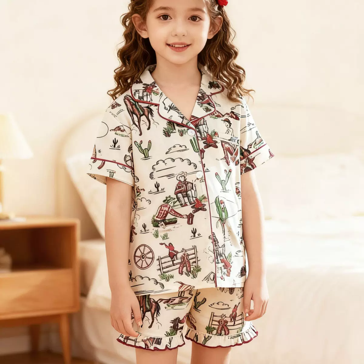 新款甜美爱心3D印花休闲可外穿短袖短裤睡衣套装儿童家居服批发