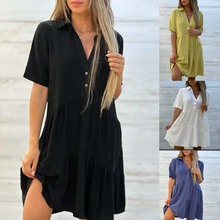 跨境外贸新款欧美女装亚马逊裙子宽松纯色翻领休闲短袖棉麻连衣裙