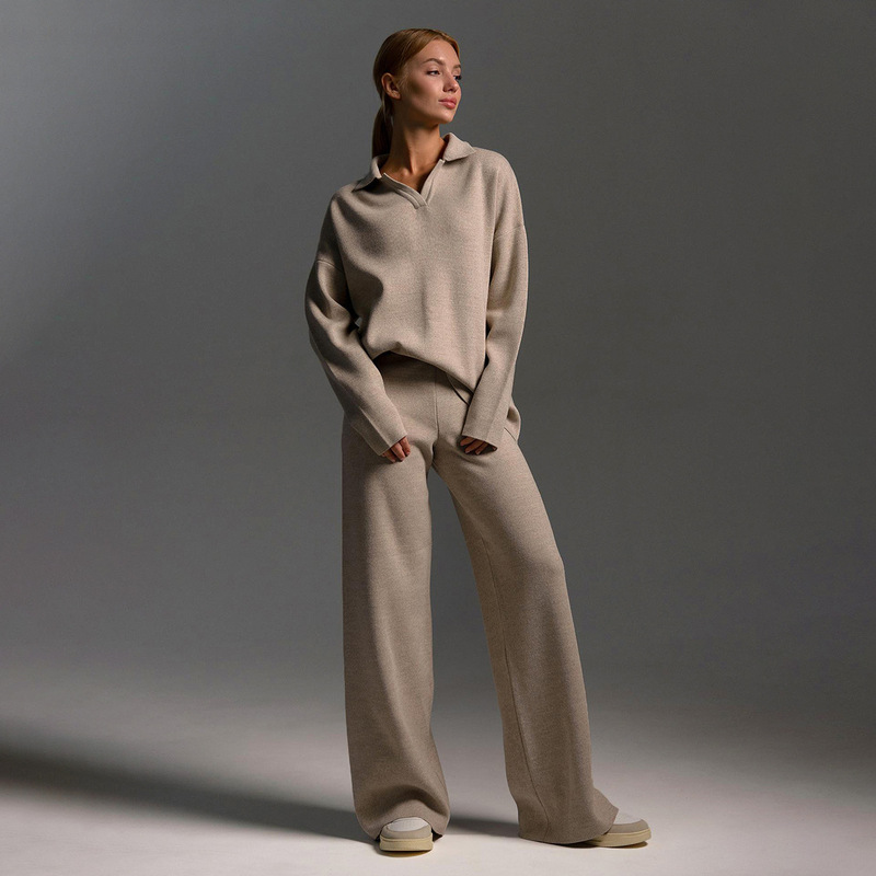 Cross-border Knitted suit European and American Autumn and Winter Sweater suit Polo Collar Knitted Pullover Wide-leg Pants Two-piece Set