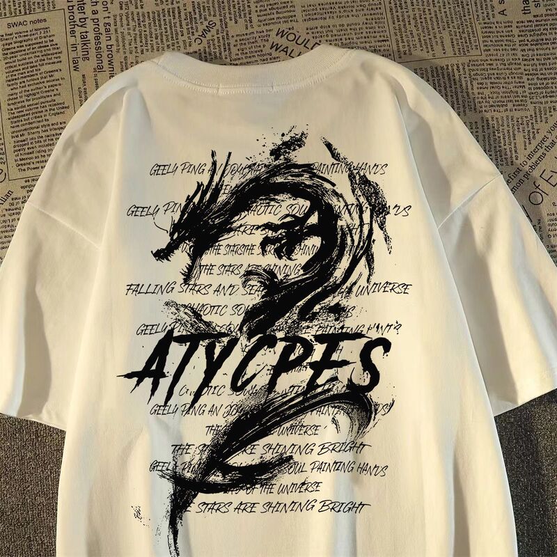 100% Pure Cotton Heavyweight Short-Sleeve T-Shirt Unisex Summer National Trend Dragon Print Loose Half-Sleeve Versatile Men's Clothing X