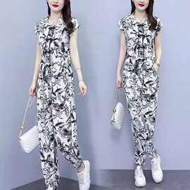 夏季爆款水墨画印花坎袖休闲套装夏季新款潮流ins休闲显瘦两件套