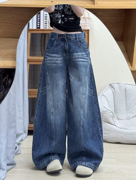 美式vibe复古弯刀廓形牛仔裤女春季新款小众水洗阔腿裤子拖地长裤