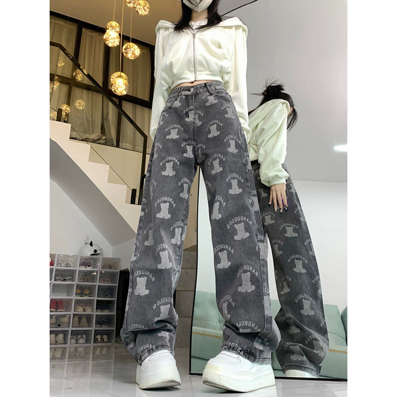 Реже цена!!! Старые медвежонок принт прямые джинсы женские свободные тонкие высокие уличные брюки простые
