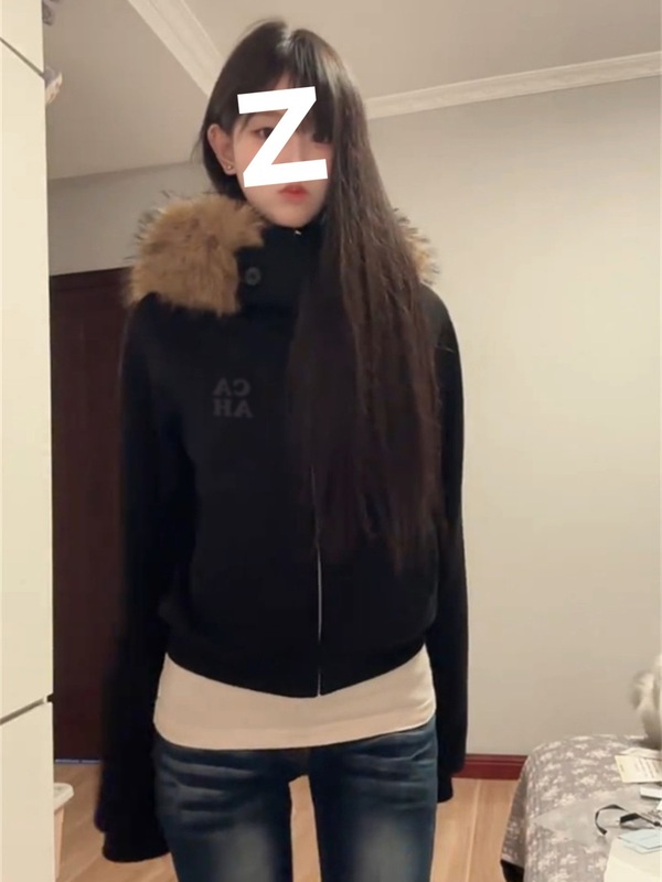 美式高街毛领连帽卫衣女装春秋季2025新款韩系慵懒风短款开衫外套|undefined