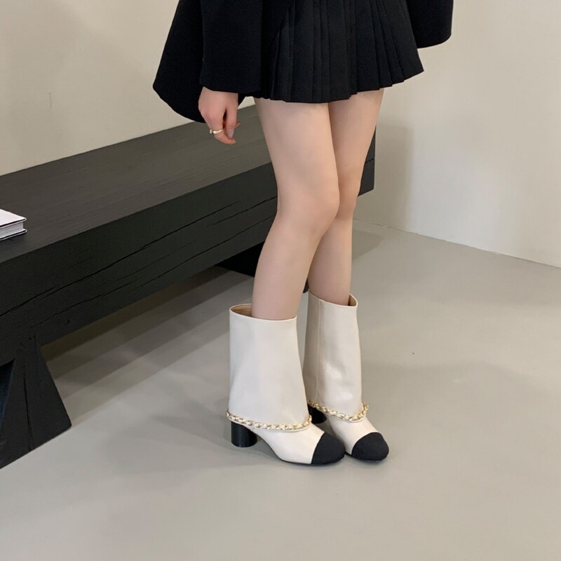 小香风圆头拼色骑士靴2025年秋季新款气质粗跟中筒裤管靴女|undefined